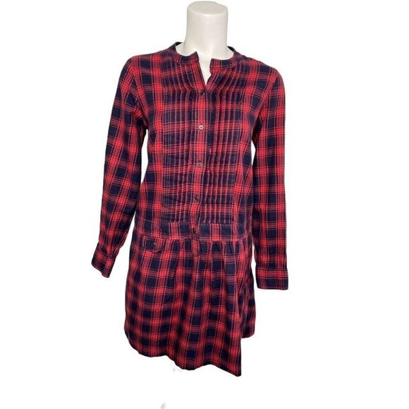 J CREW Red Blue Plaid Drop Waist‎ Pleated Cotton Dress Sz 4 - Picture 1 of 8
